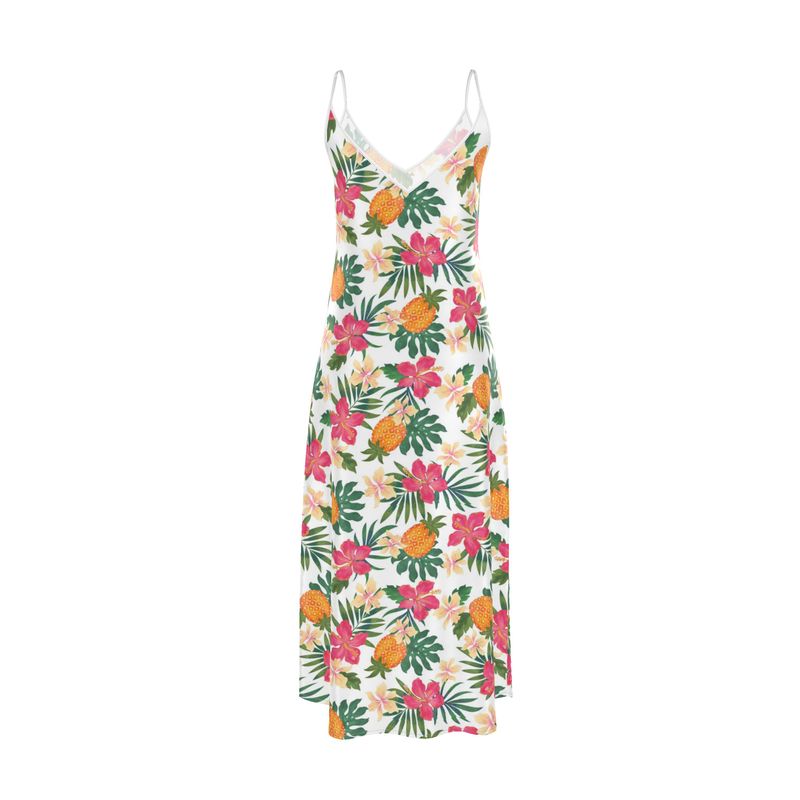 Women’s Silk Evening Slip Dress — Pineapple Paradise Coral Dreams