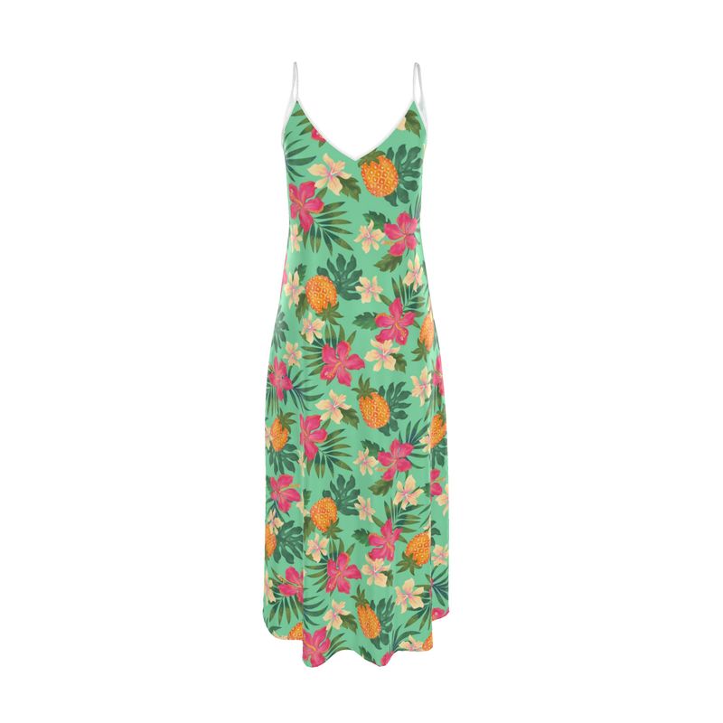 Women’s Silk Evening Slip Dress — Pineapple Paradise Aloe Mist