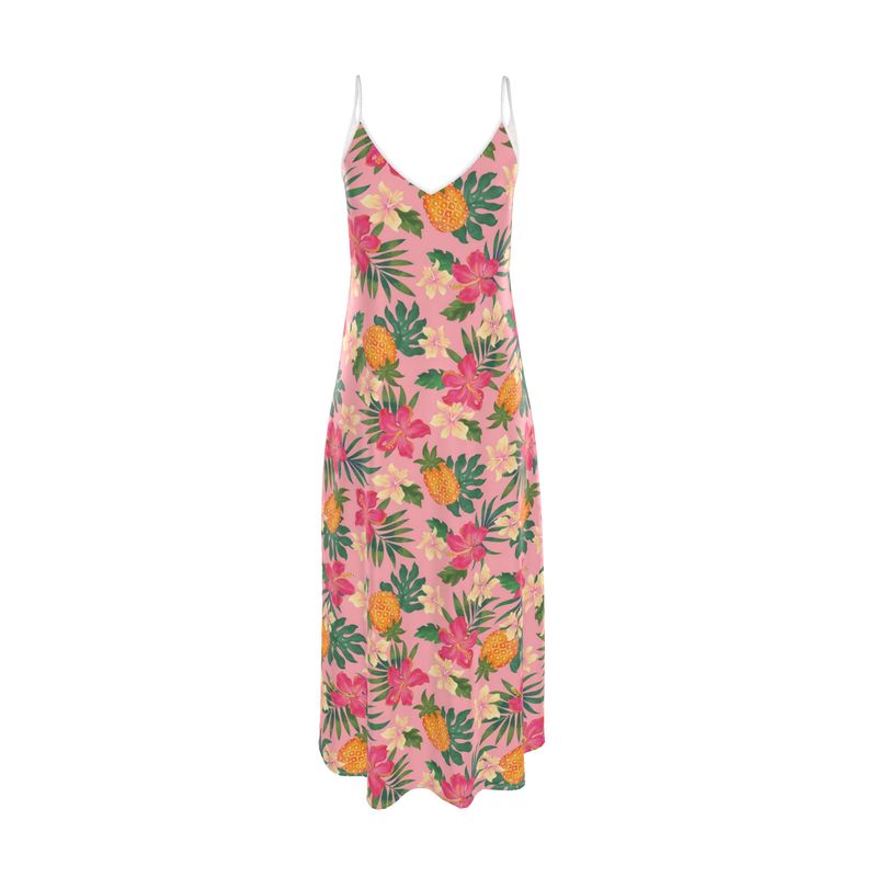 Women’s Silk Evening Slip Dress — Pineapple Paradise Hibiscus Blush