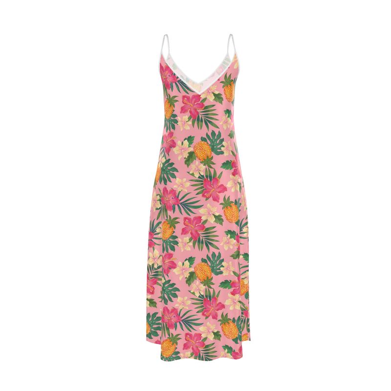 Women’s Silk Evening Slip Dress — Pineapple Paradise Hibiscus Blush