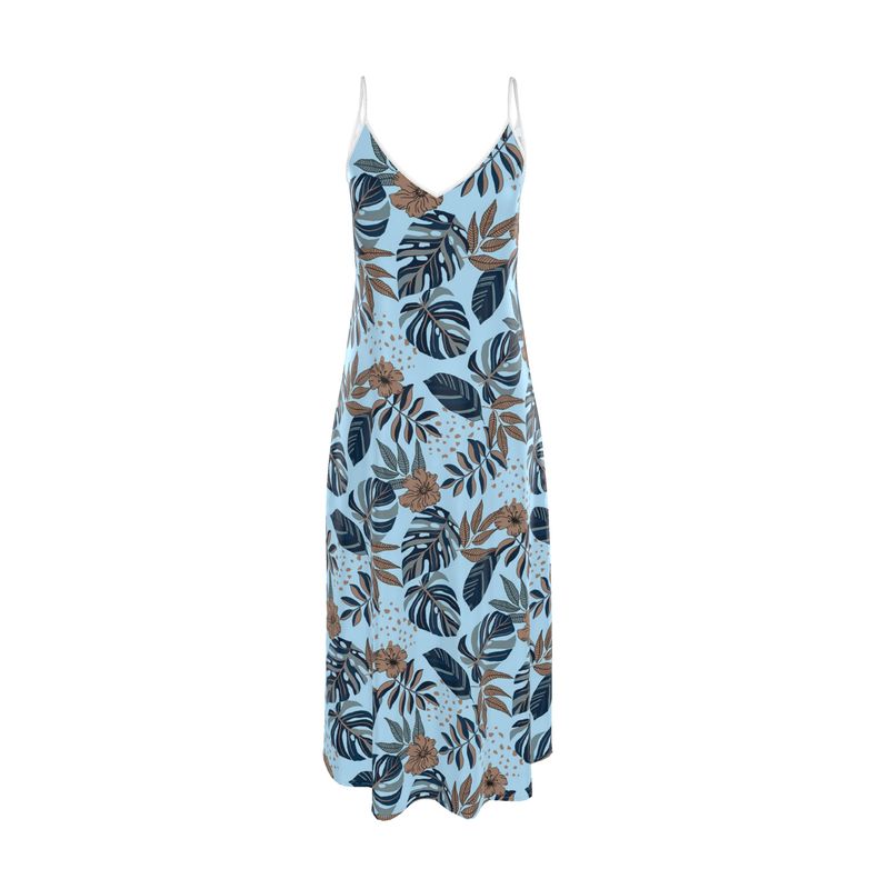 Women’s Silk Evening Slip Dress — Midnight Monstera Bluehaven