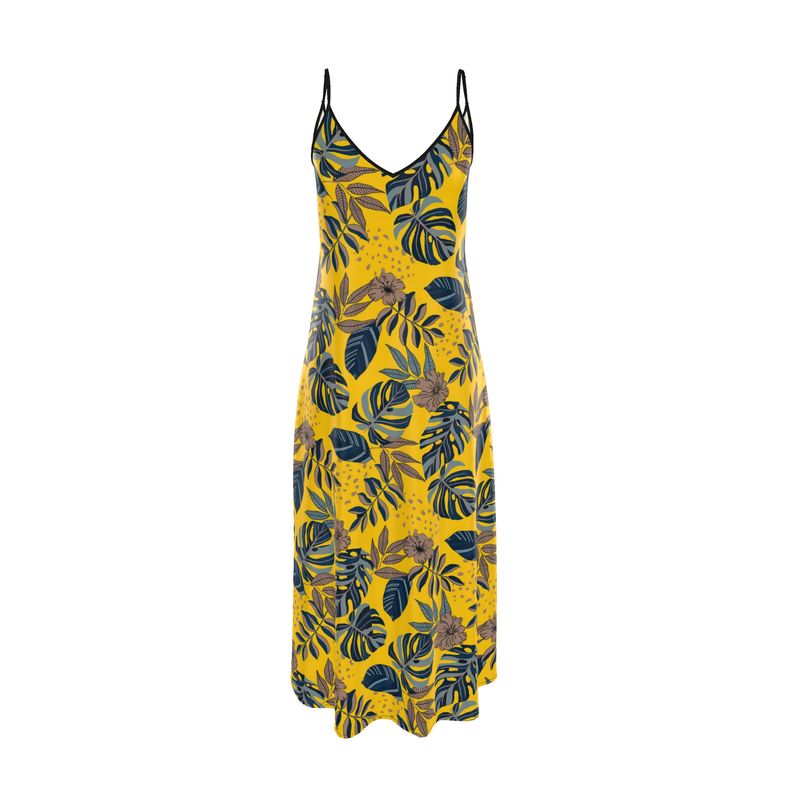 Women’s Silk Evening Slip Dress — Midnight Monstera Honey Gold