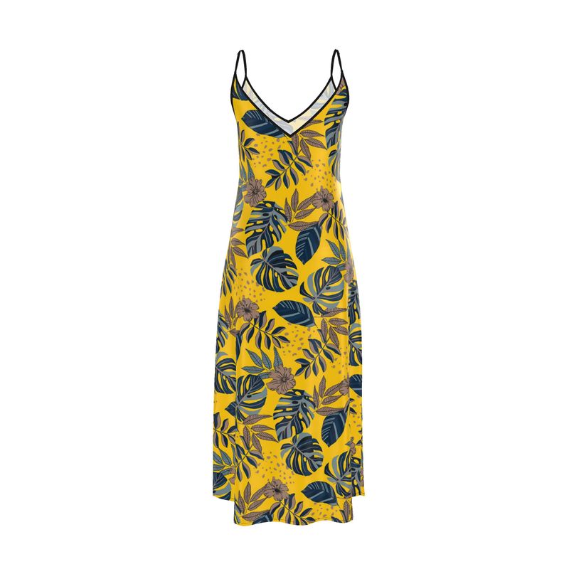 Women’s Silk Evening Slip Dress — Midnight Monstera Honey Gold