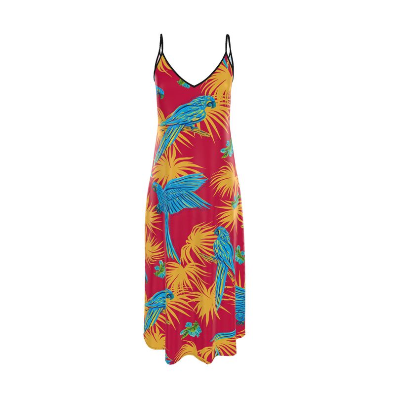 Women’s Silk Evening Slip Dress — Tropical Macaw Samba Red