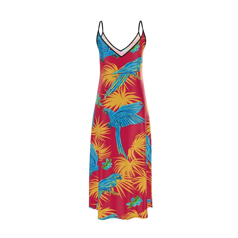 Women’s Silk Evening Slip Dress — Tropical Macaw Samba Red