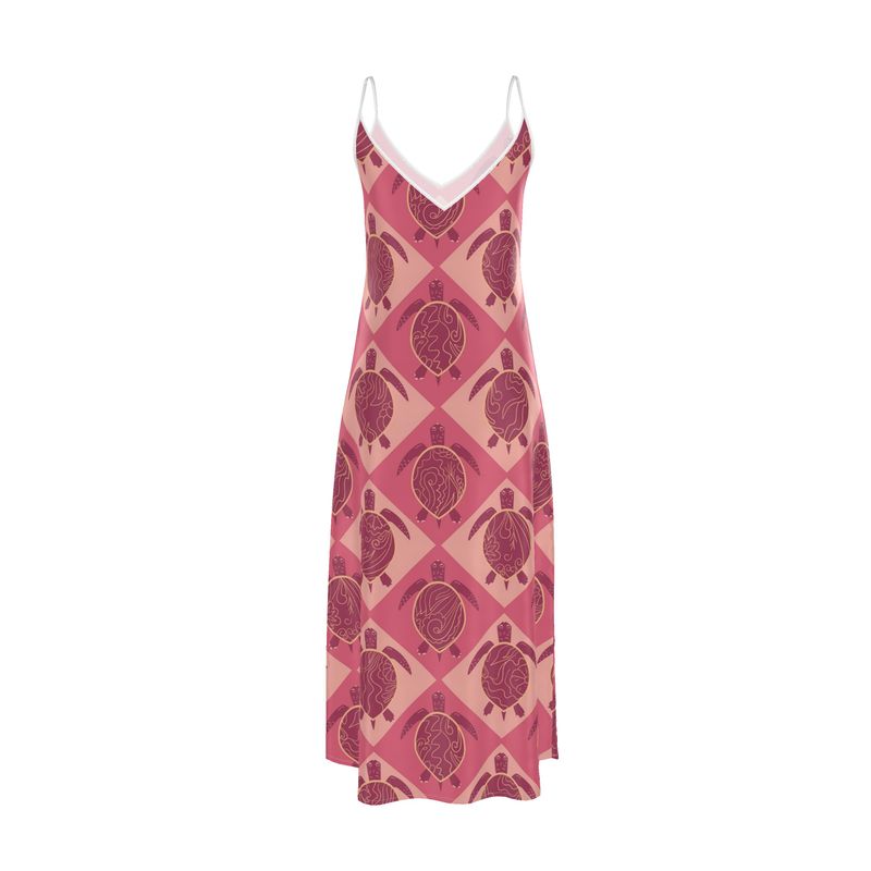 Women’s Silk Evening Slip Dress — Topo Turtles Rosé Tide