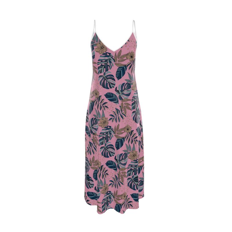 Women’s Silk Evening Slip Dress — Midnight Monstera Lunaria Rose