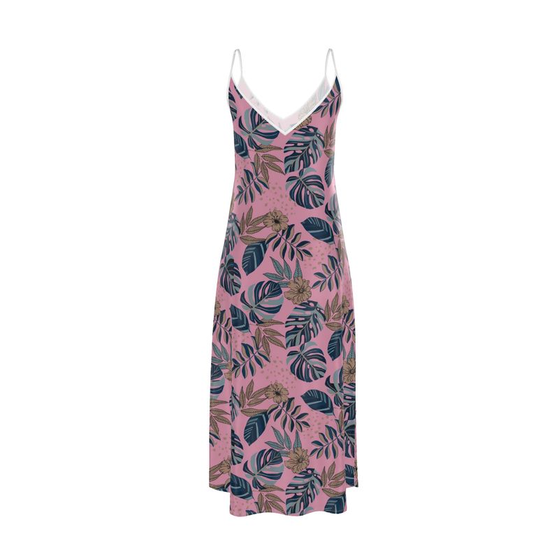 Women’s Silk Evening Slip Dress — Midnight Monstera Lunaria Rose