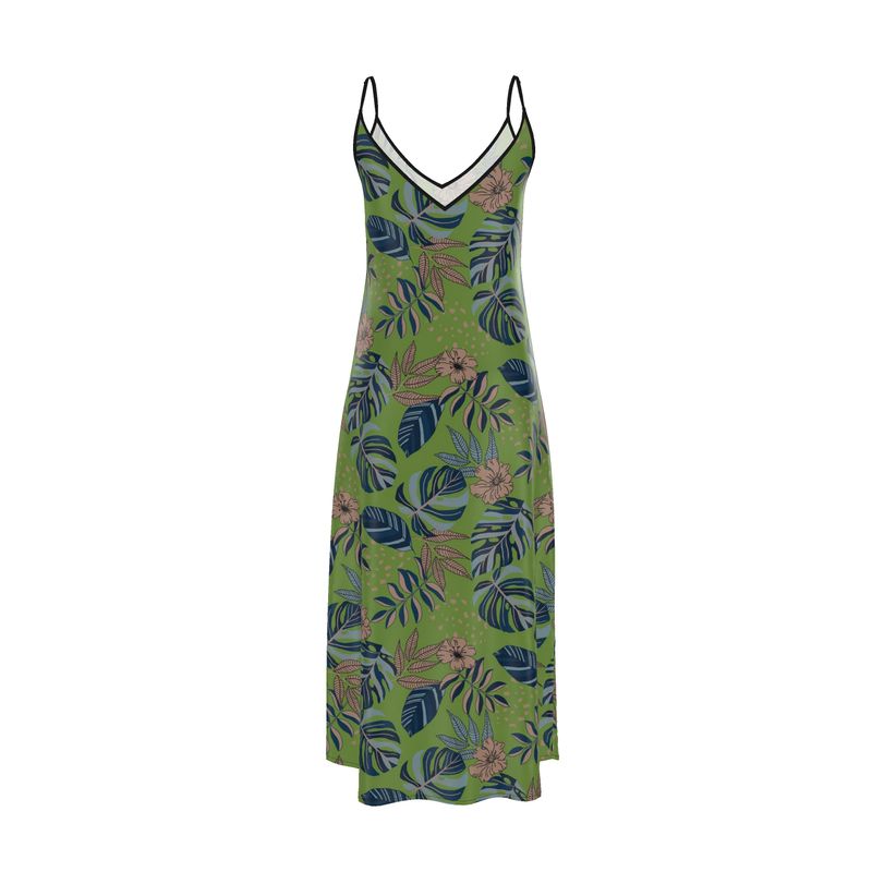 Women’s Silk Evening Slip Dress — Midnight Monstera Olive Velour