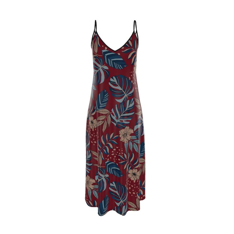 Women’s Silk Evening Slip Dress — Midnight Monstera Ruby Red