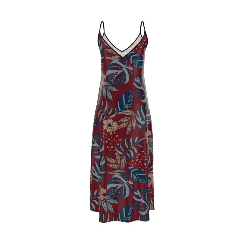 Women’s Silk Evening Slip Dress — Midnight Monstera Ruby Red