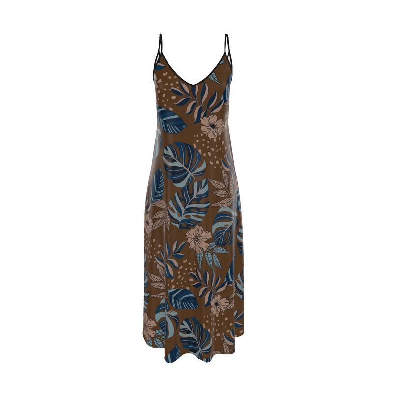Women’s Silk Evening Slip Dress — Midnight Monstera Roasted Teak
