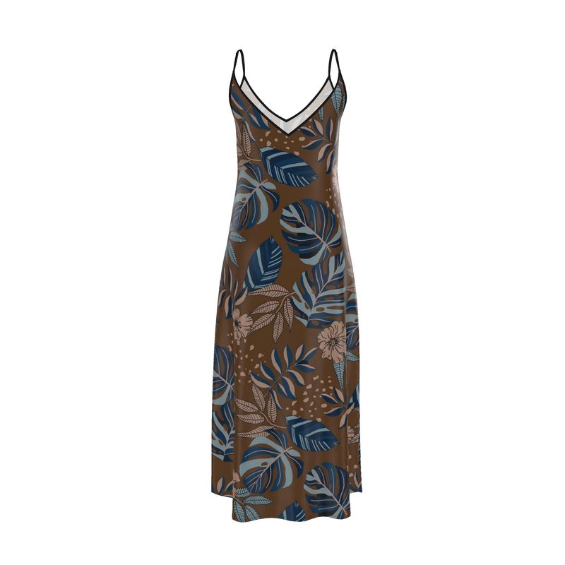 Women’s Silk Evening Slip Dress — Midnight Monstera Roasted Teak