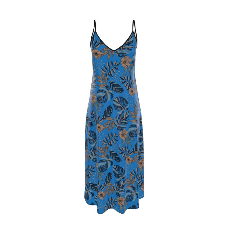 Women’s Silk Evening Slip Dress — Midnight Monstera Azure Blue