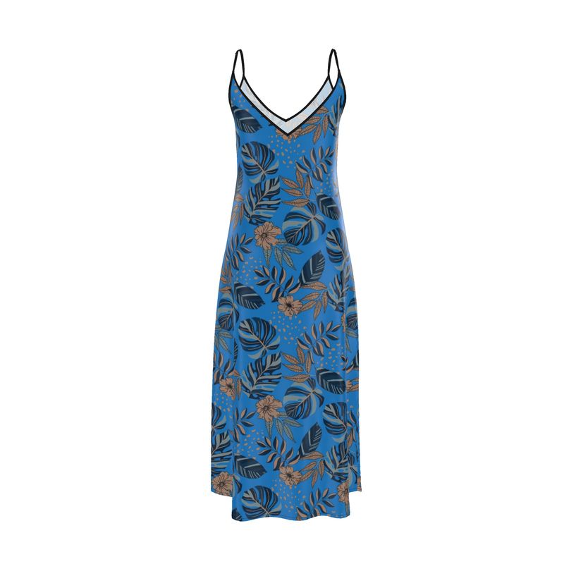 Women’s Silk Evening Slip Dress — Midnight Monstera Azure Blue