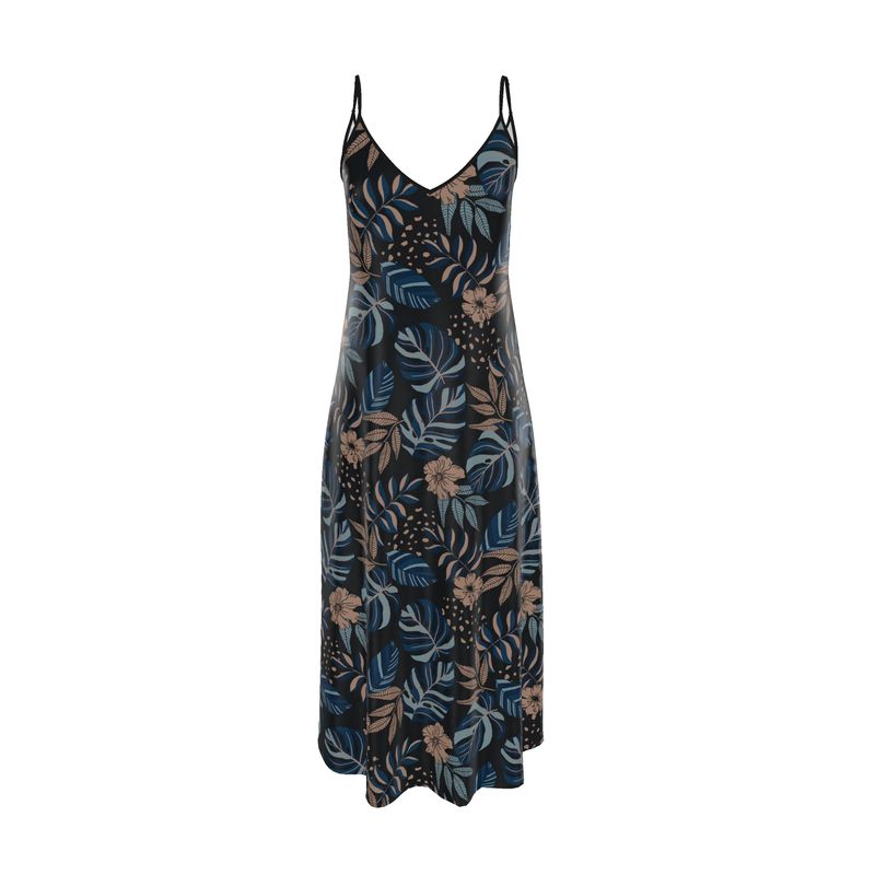 Women’s Silk Evening Slip Dress — Midnight Monstera
