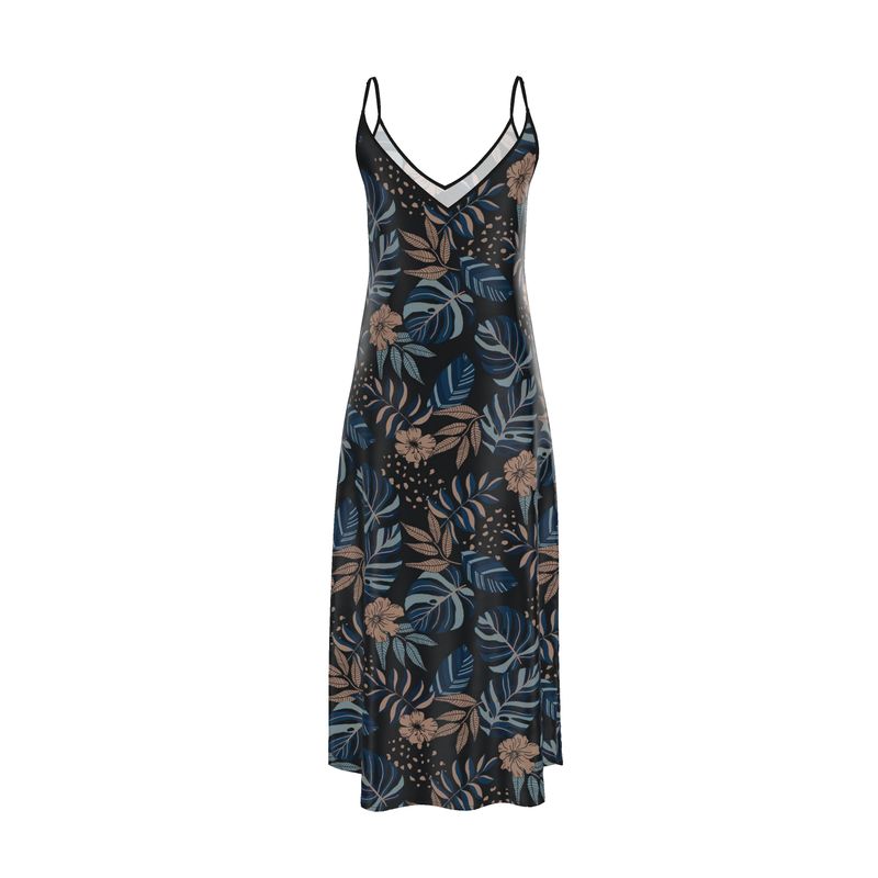 Women’s Silk Evening Slip Dress — Midnight Monstera