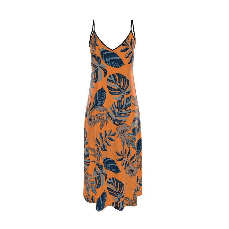 Women’s Silk Slip Dress — Midnight Monstera Cadmium Orange