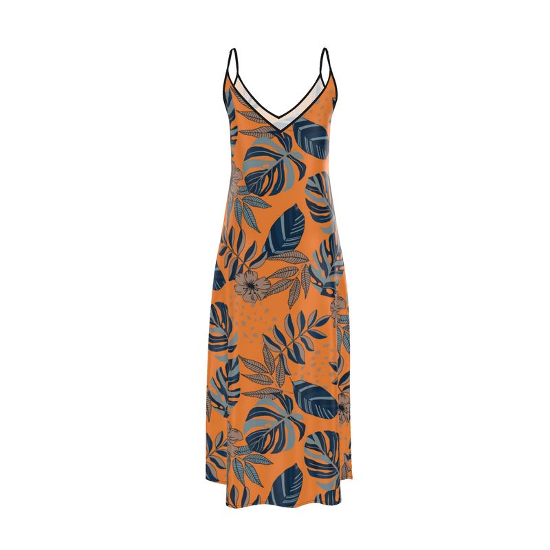 Women’s Silk Slip Dress — Midnight Monstera Cadmium Orange