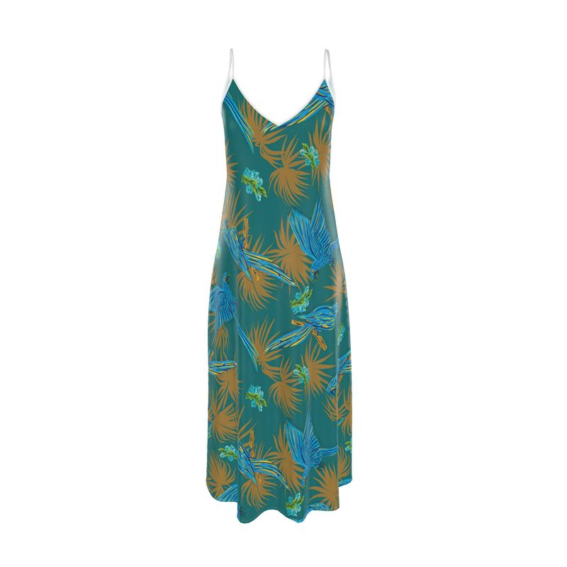 Women’s Silk Evening Slip Dress — Tropical Macaw Palm Teal