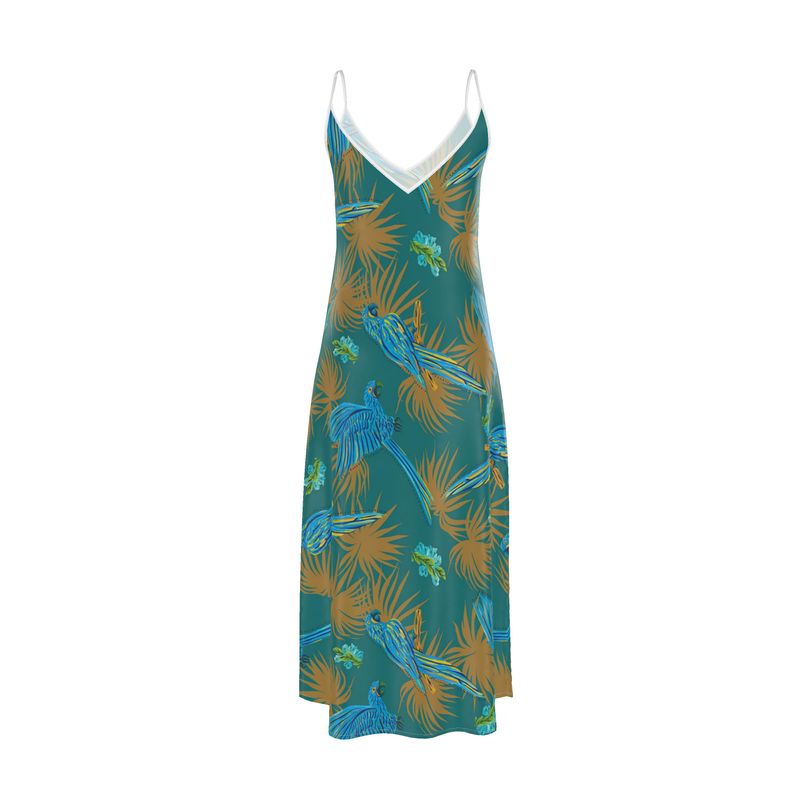 Women’s Silk Evening Slip Dress — Tropical Macaw Palm Teal
