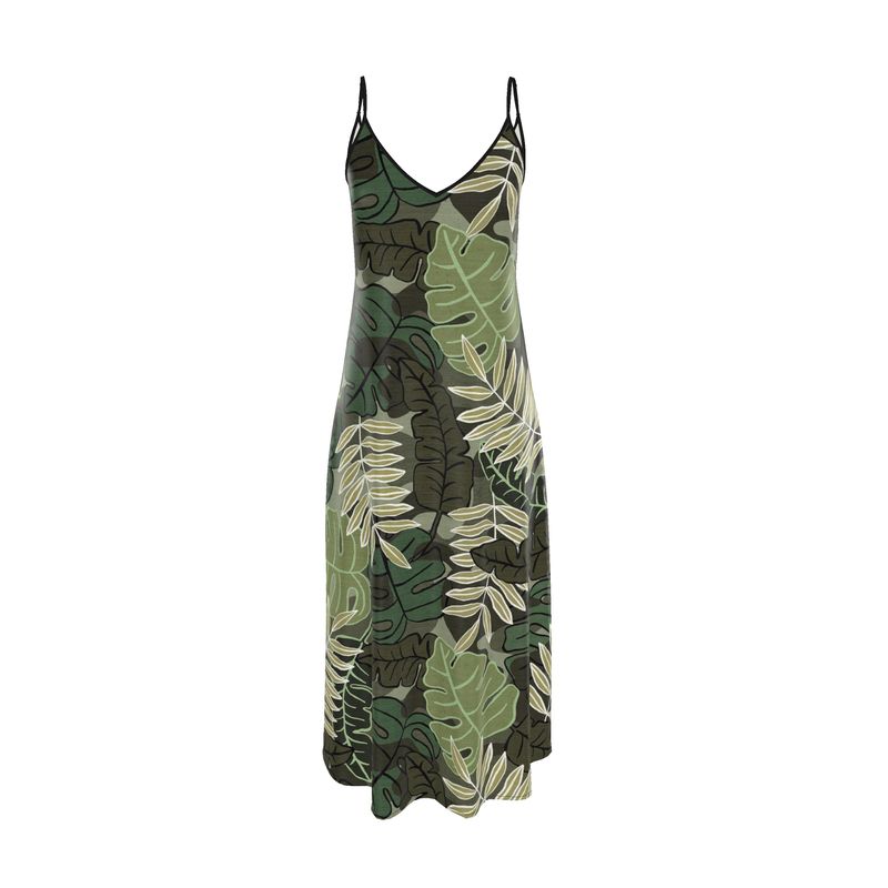 Women’s Silk Evening Slip Dress— Camo Leaves