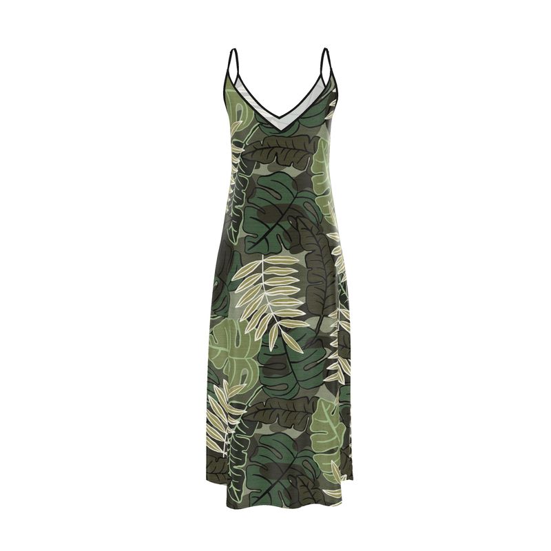 Women’s Silk Evening Slip Dress— Camo Leaves