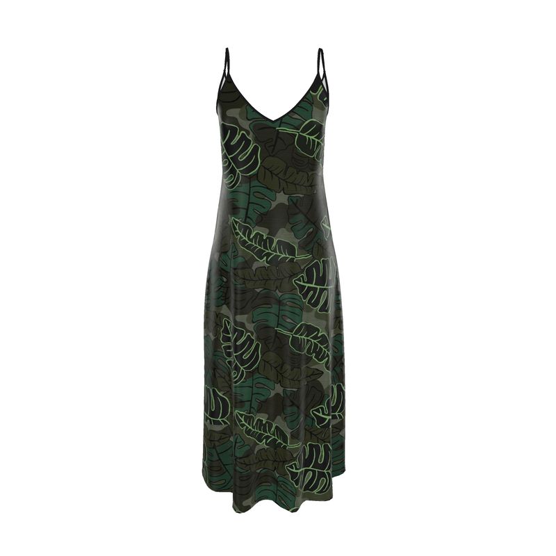 Women’s Silk Evening Slip Dress — Camo Leaves Sage Noir