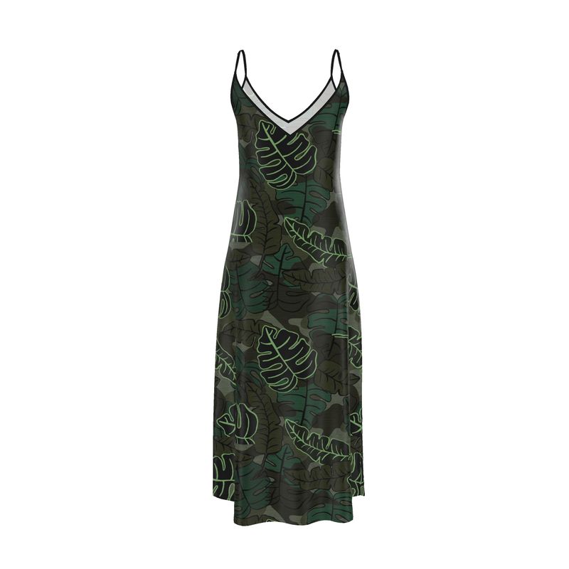 Women’s Silk Evening Slip Dress — Camo Leaves Sage Noir