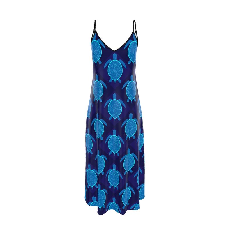 Women’s Silk Evening Slip Dress — Topo Turtles Cobalt Tide