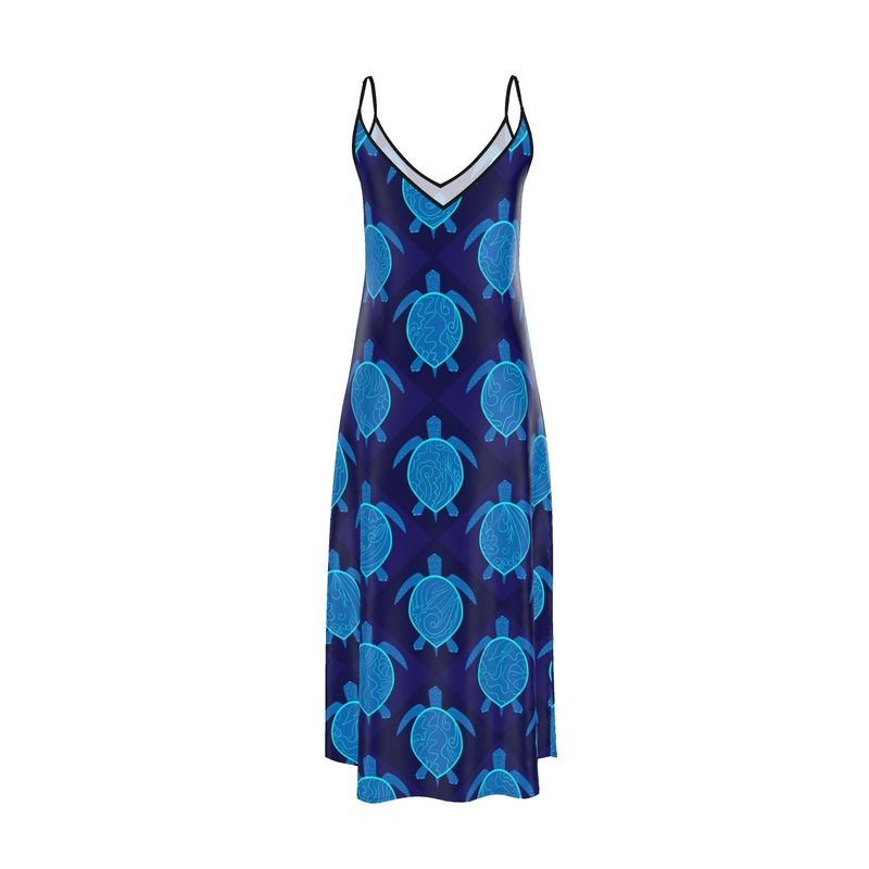 Women’s Silk Evening Slip Dress — Topo Turtles Cobalt Tide
