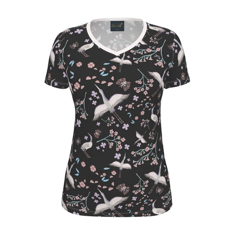 Women's Athletic V-Neck T-Shirt — White Crane Onyx