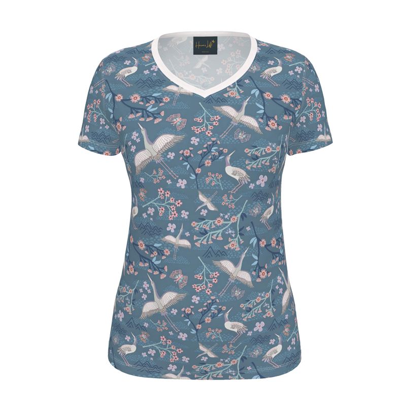 Women's Athletic V-Neck T-Shirt — White Crane