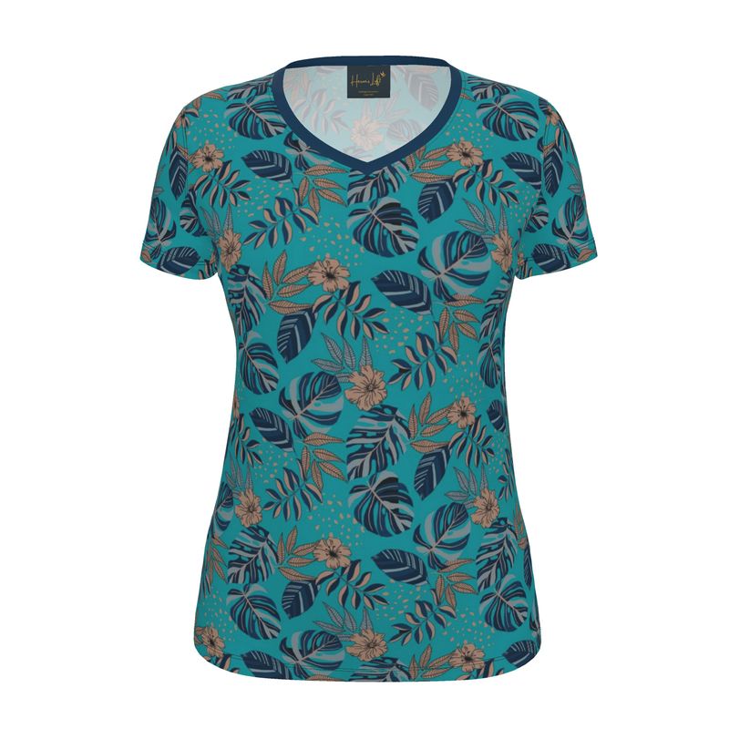 Women's Athletic V-Neck T-Shirt — Midnight Monstera Cyan Noir