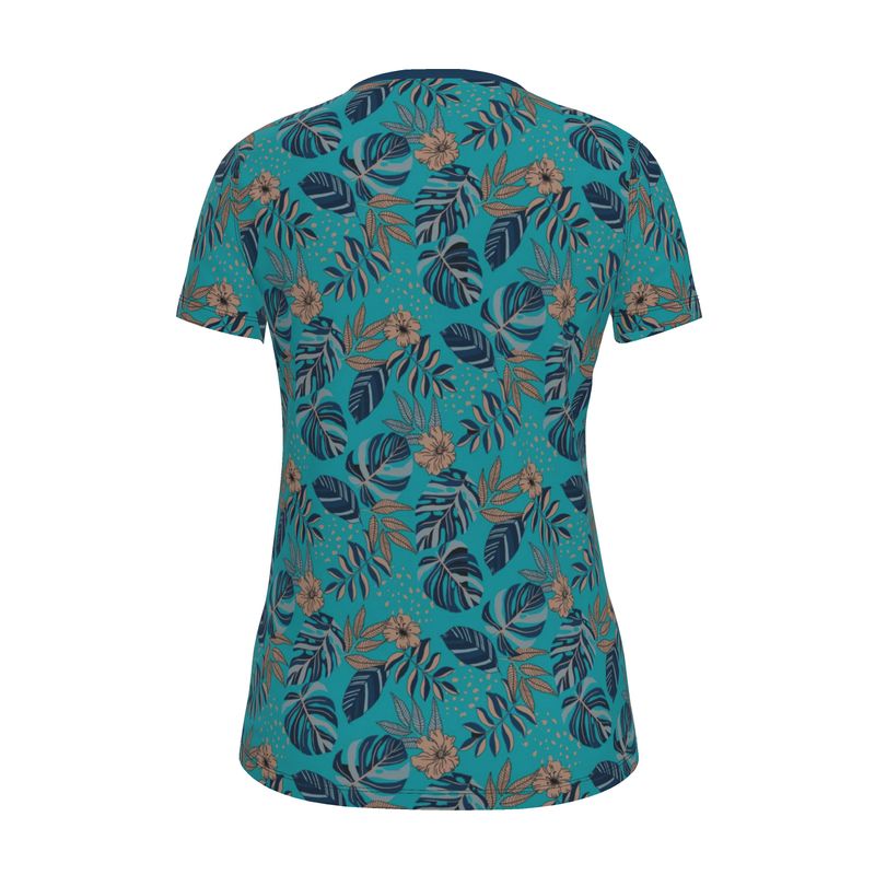 Women's Athletic V-Neck T-Shirt — Midnight Monstera Cyan Noir