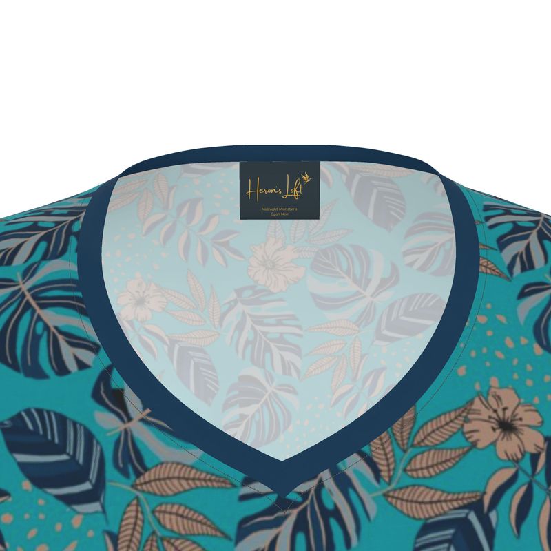 Women's Athletic V-Neck T-Shirt — Midnight Monstera Cyan Noir