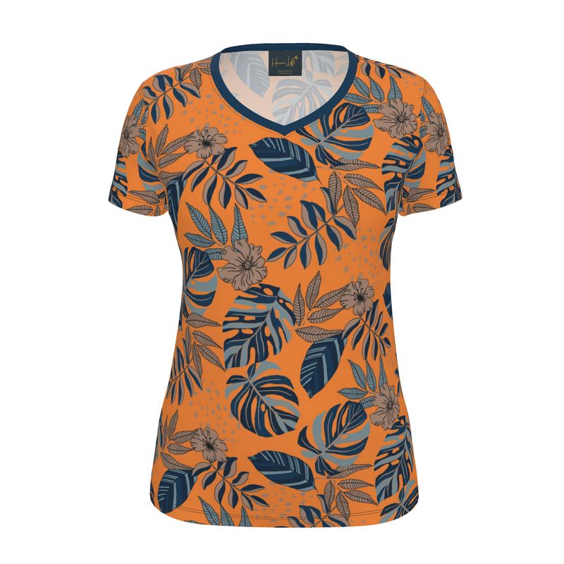 Women's Athletic V-Neck T-Shirt — Midnight Monstera Cadmium Orange