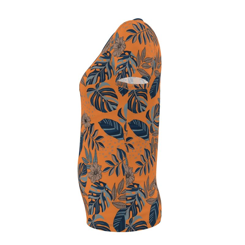 Women's Athletic V-Neck T-Shirt — Midnight Monstera Cadmium Orange