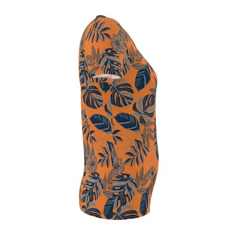 Women's Athletic V-Neck T-Shirt — Midnight Monstera Cadmium Orange