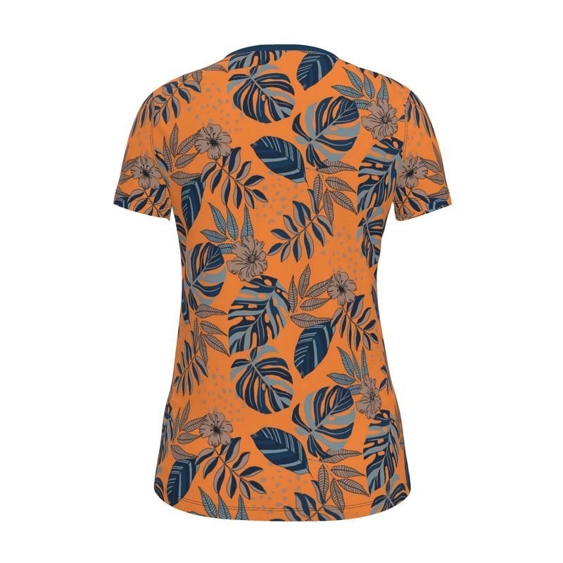 Women's Athletic V-Neck T-Shirt — Midnight Monstera Cadmium Orange