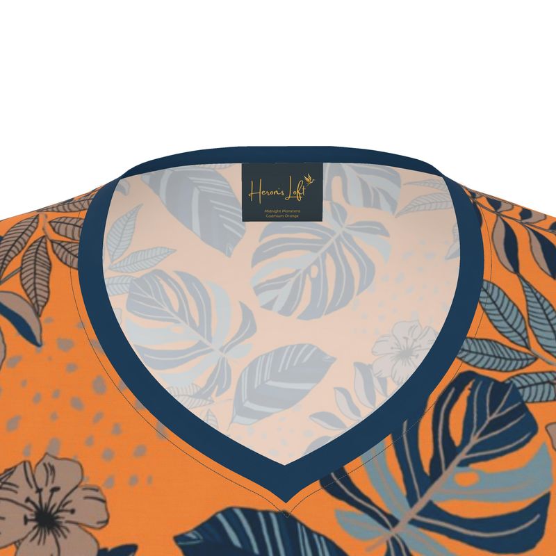 Women's Athletic V-Neck T-Shirt — Midnight Monstera Cadmium Orange