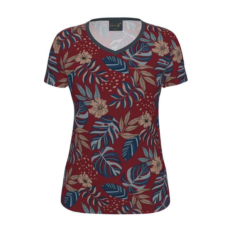 Women's Athletic V-Neck T-Shirt —  Midnight Monstera Ruby Red
