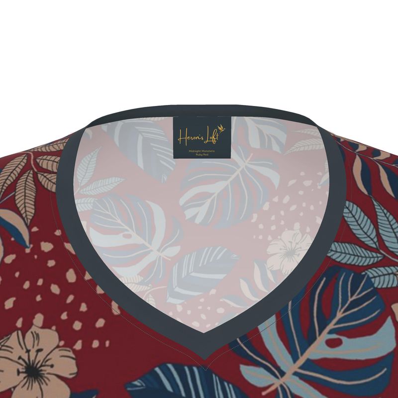 Women's Athletic V-Neck T-Shirt —  Midnight Monstera Ruby Red