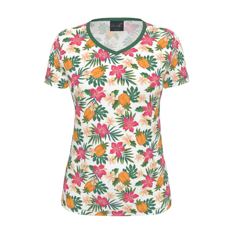 Women's Athletic V-Neck T-Shirt —  Pineapple Paradise Hibiscus Blush