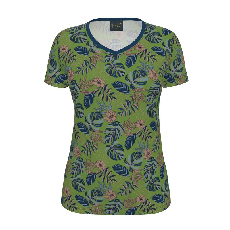 Women's Athletic V-Neck T-Shirt — Midnight Monstera Olive Velour