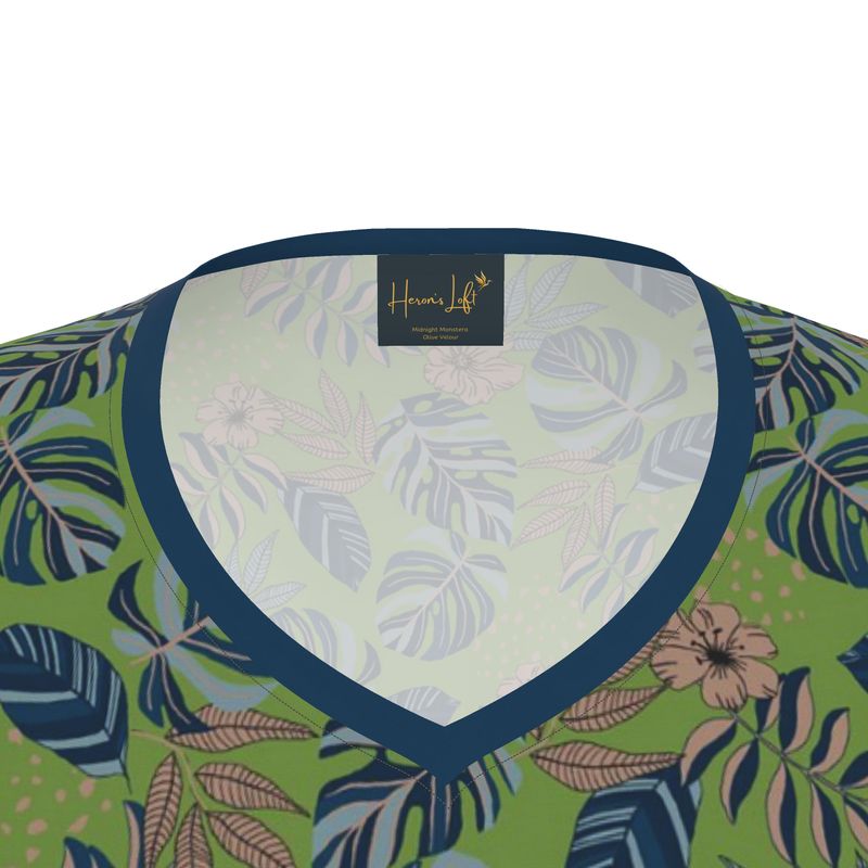 Women's Athletic V-Neck T-Shirt — Midnight Monstera Olive Velour