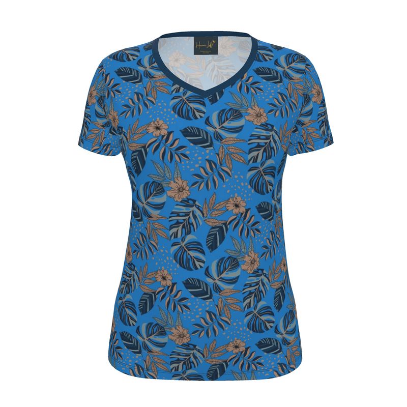 Women's Athletic V-Neck T-Shirt — Midnight Monstera Azure Blue
