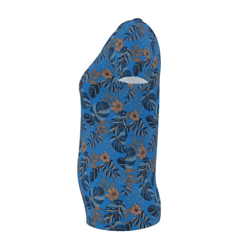 Women's Athletic V-Neck T-Shirt — Midnight Monstera Azure Blue
