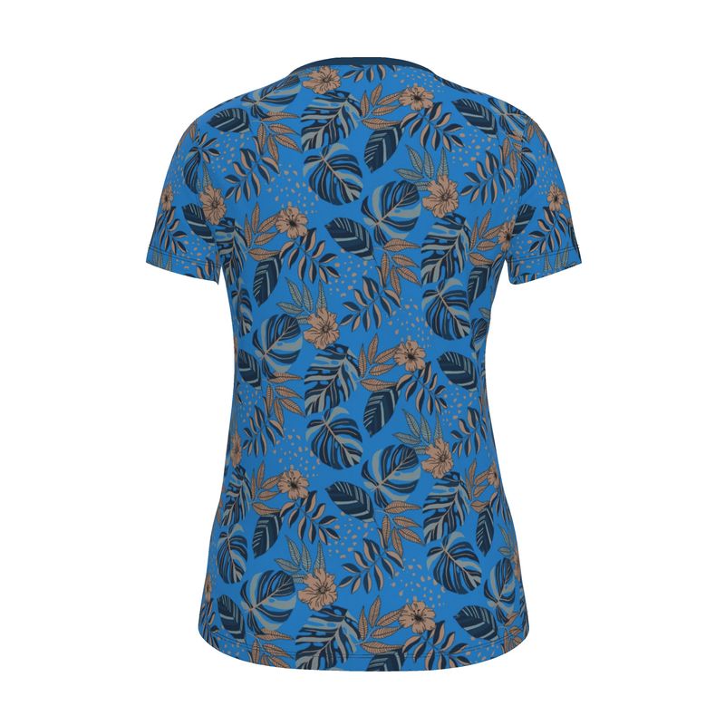 Women's Athletic V-Neck T-Shirt — Midnight Monstera Azure Blue
