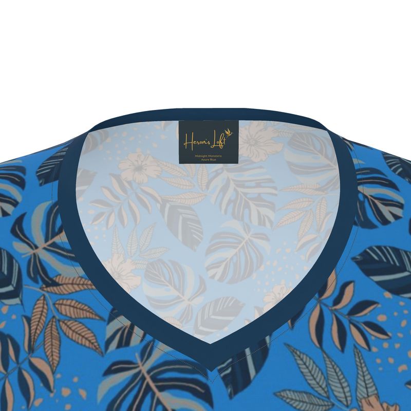 Women's Athletic V-Neck T-Shirt — Midnight Monstera Azure Blue